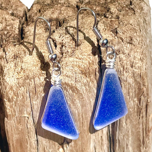 Sea Glass Dangle Earrings - Cobalt Blue