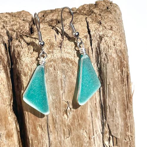 Sea Glass Dangle Earrings - Aqua