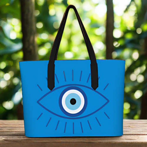 Printed Vegan Leather Tote - Blue Evil Eye